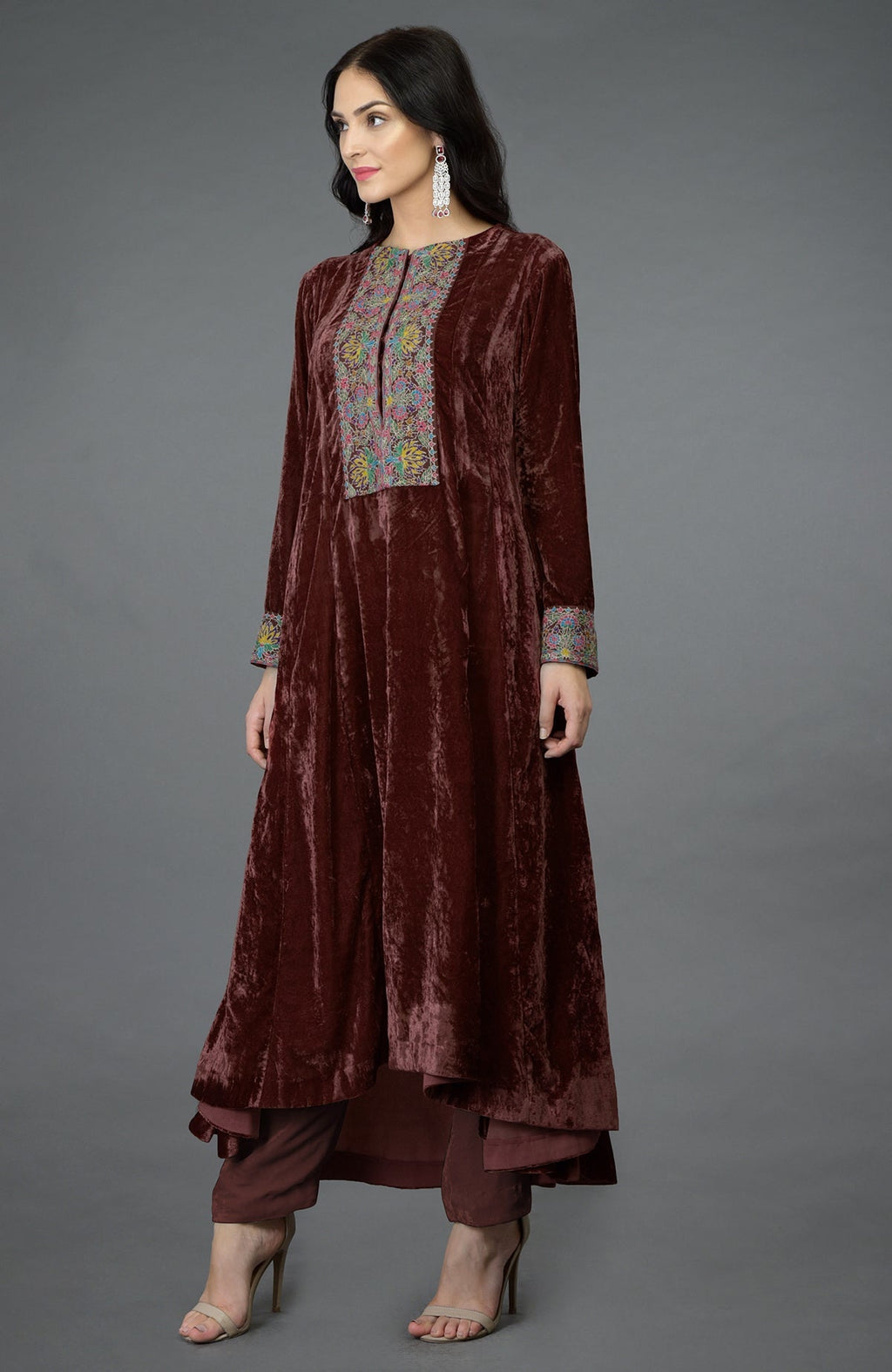 Cabernet silk velvet kalidaar kurta with hand embroidered neckline and sleeve ends.