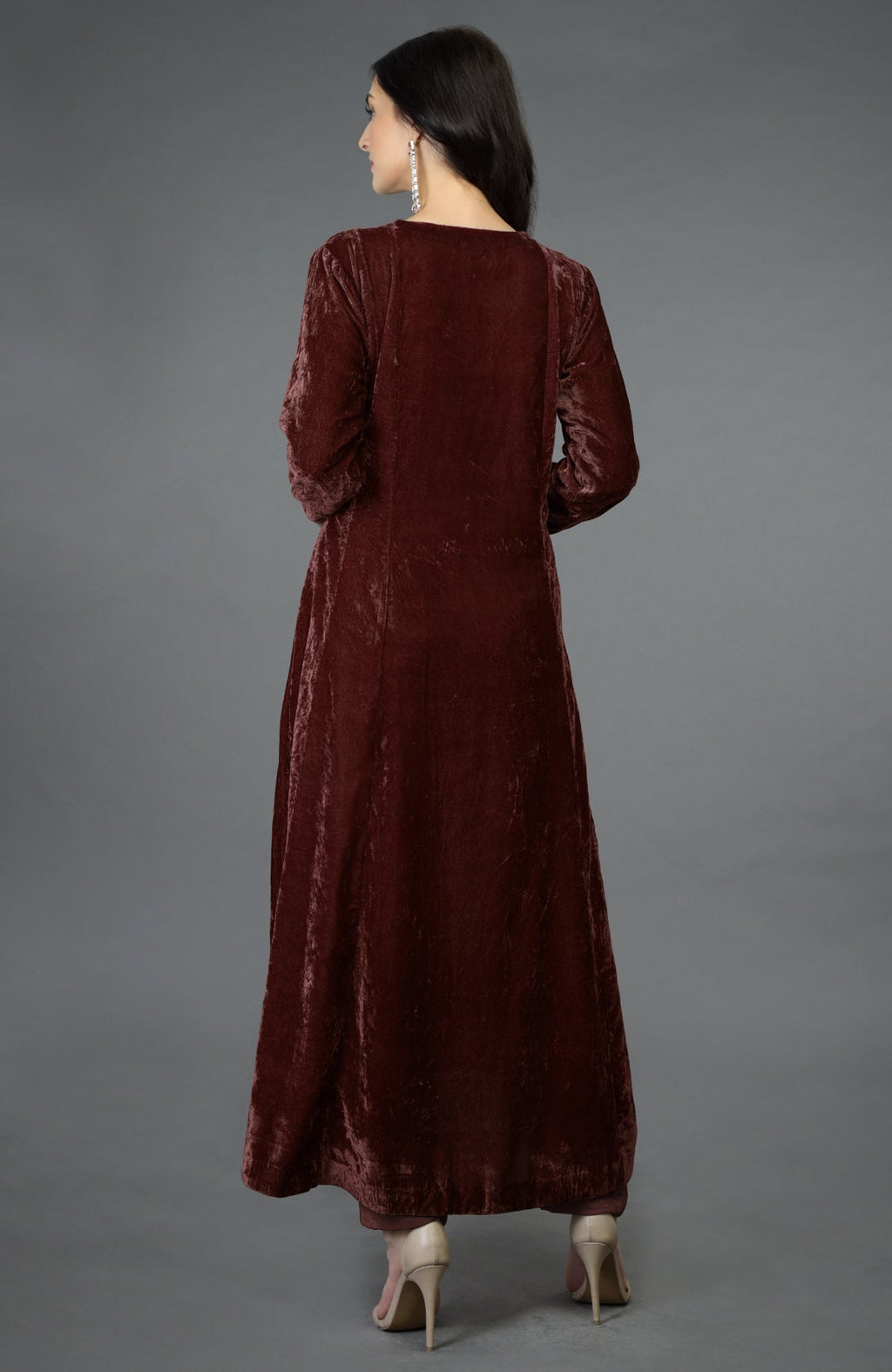Cabernet silk velvet kalidaar kurta with multicolor Kashmiri hand embroidery on neckline and sleeves