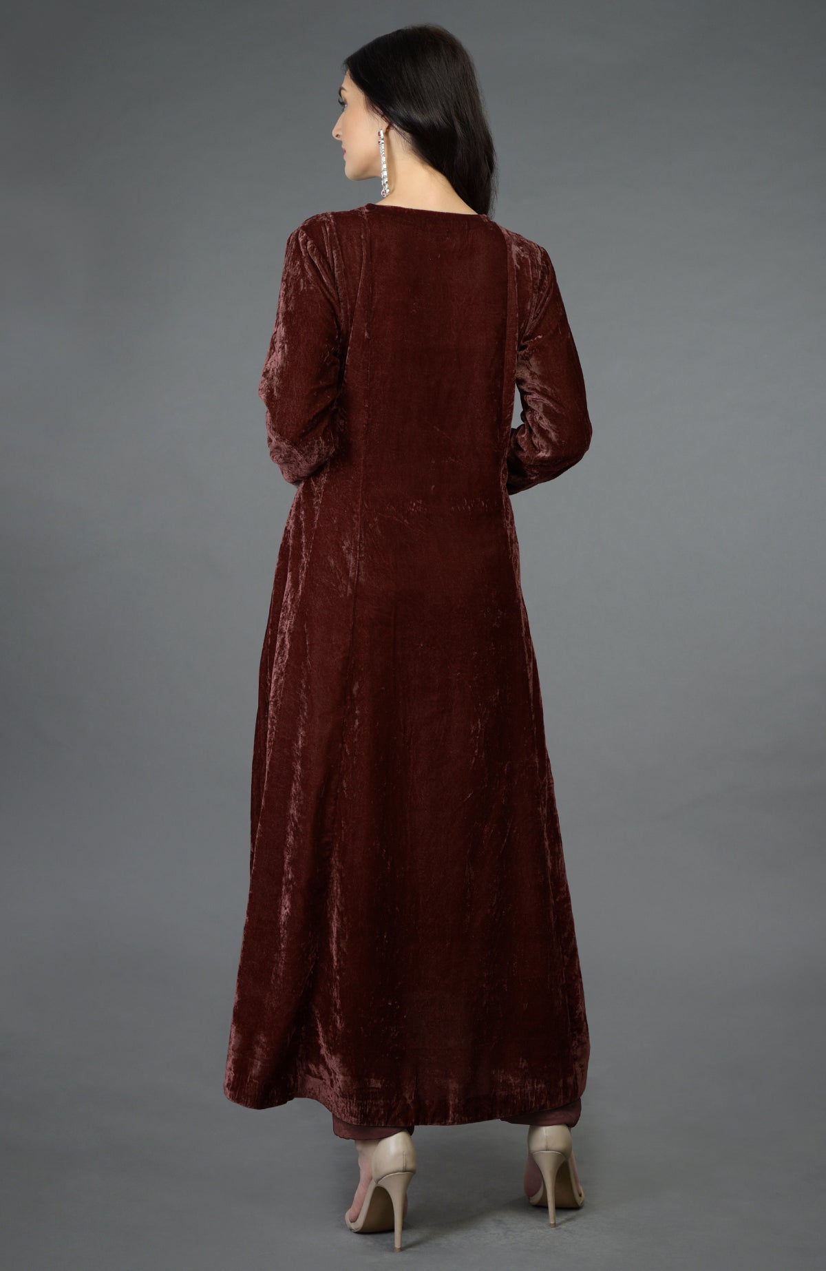 Cabernet silk velvet kalidaar kurta with multicolor Kashmiri hand embroidery on neckline and sleeves