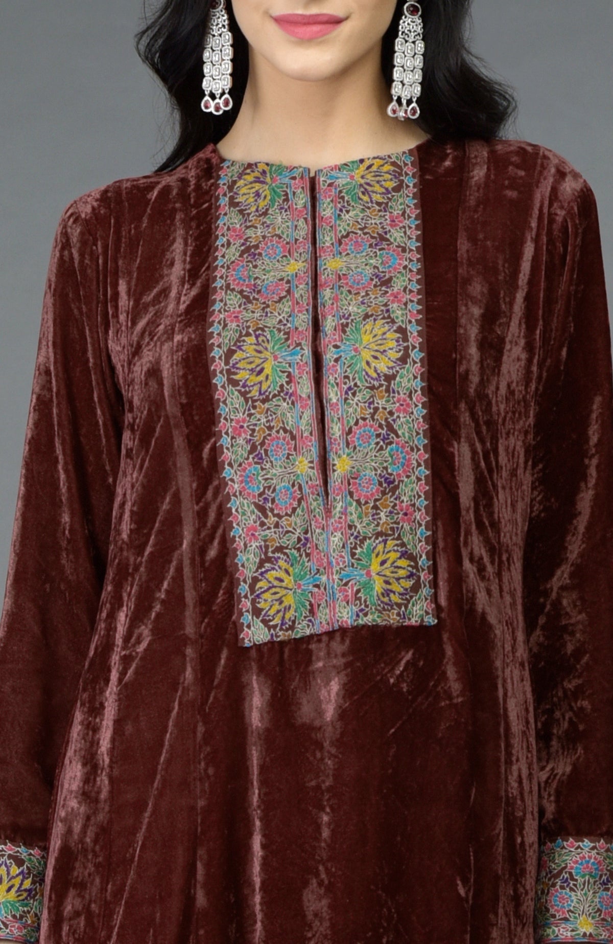 Cabernet silk velvet kalidaar kurta with asymmetrical hem and colorful Kashmiri hand embroidery