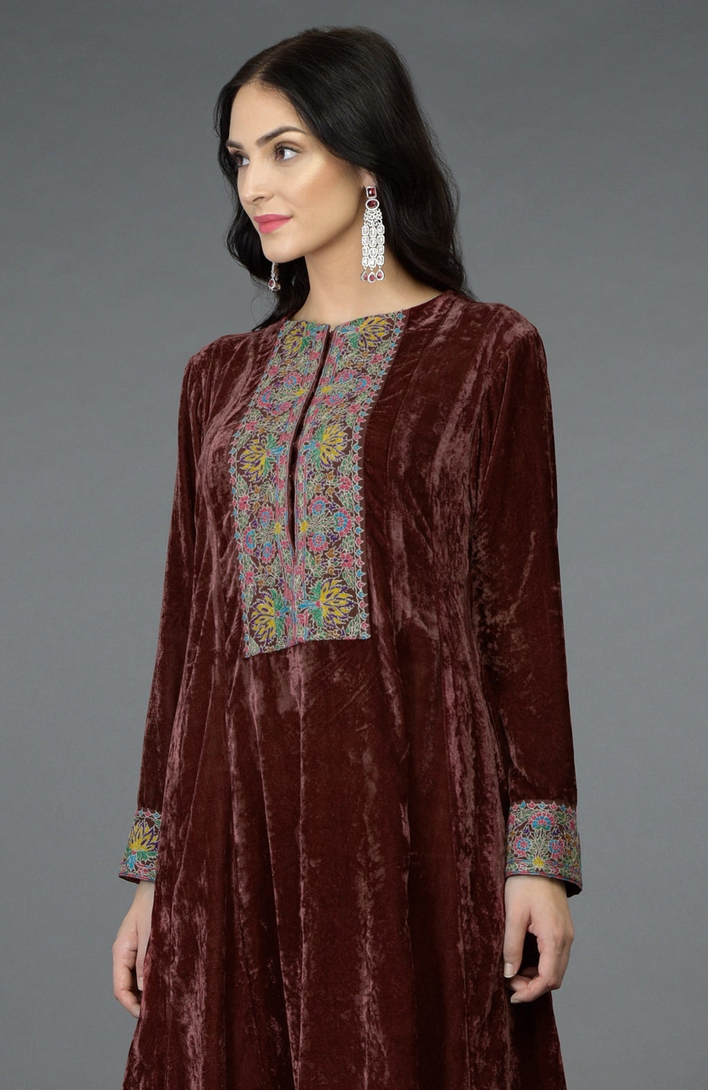 Cabernet silk velvet kalidaar kurta with Kashmiri hand embroidery on neckline and sleeves.