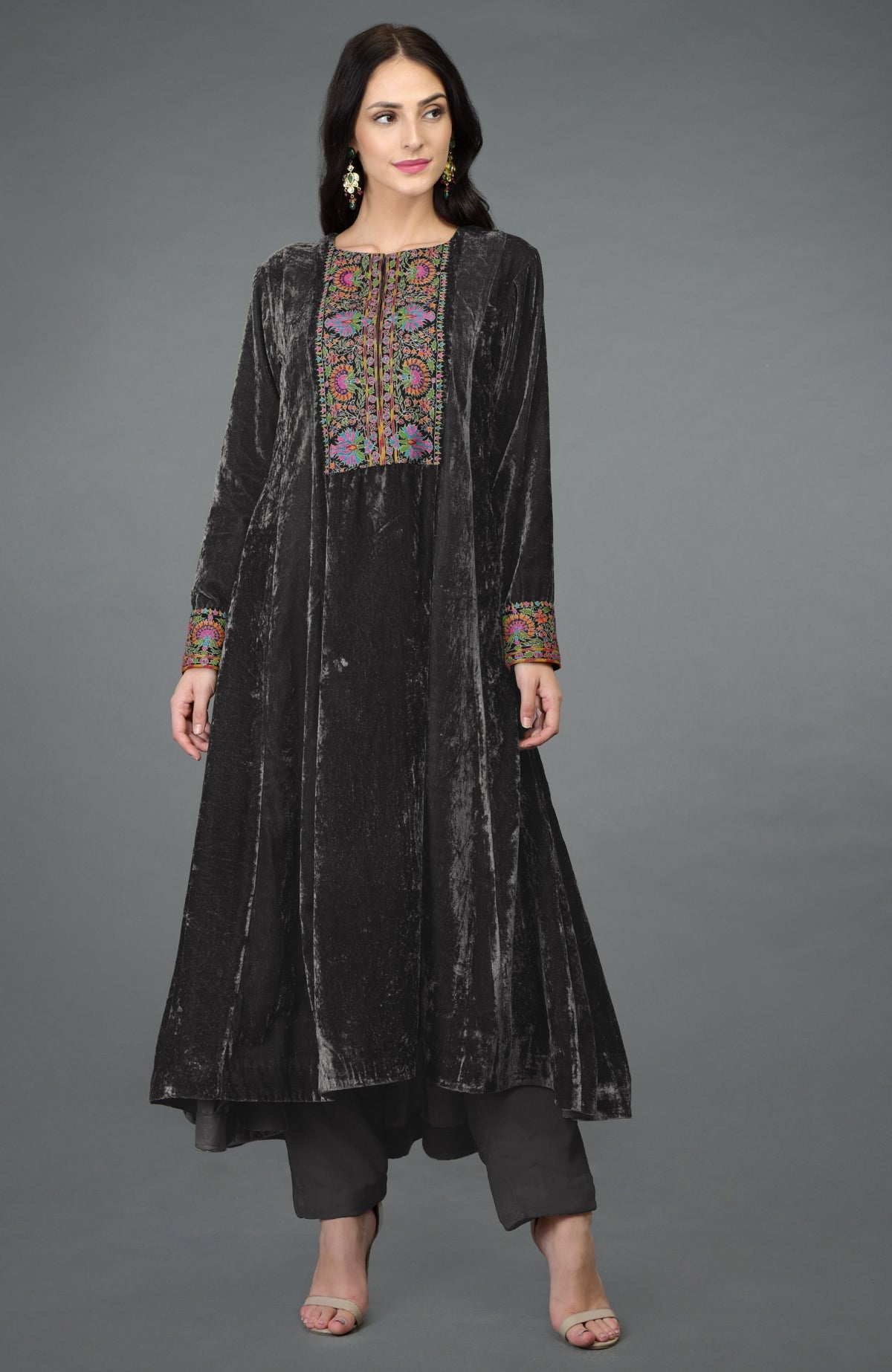Hawaiian sunset silk velvet kurta with multicolor Kashmiri hand embroidery and asymmetrical hemline