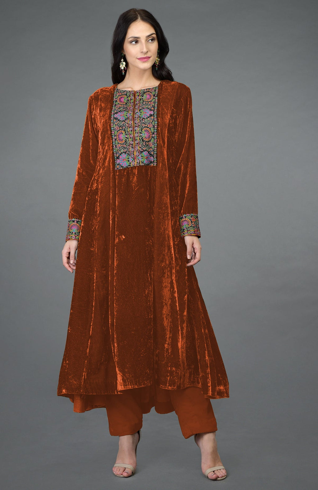 Hawaiian sunset silk velvet kurta with asymmetrical hem and colorful Kashmiri embroidery