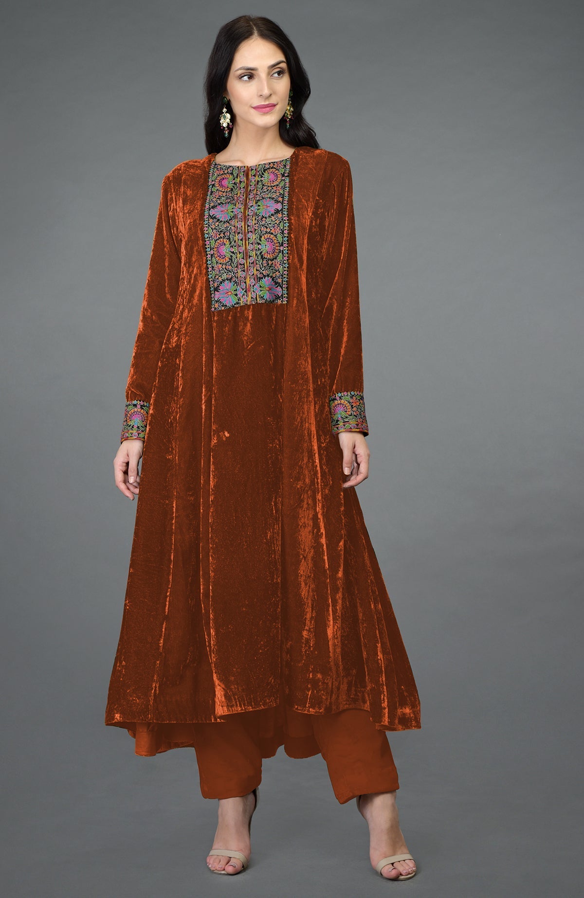 Hawaiian sunset silk velvet kurta with asymmetrical hem and colorful Kashmiri embroidery
