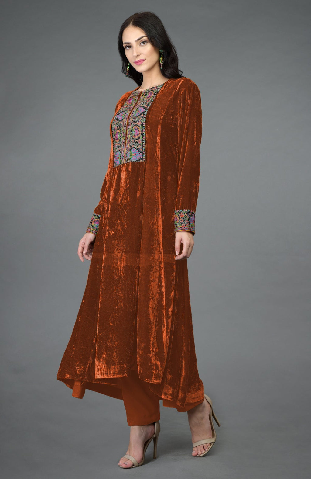 Hawaiian sunset silk velvet kurta with asymmetrical hem and colorful Kashmiri hand embroidery