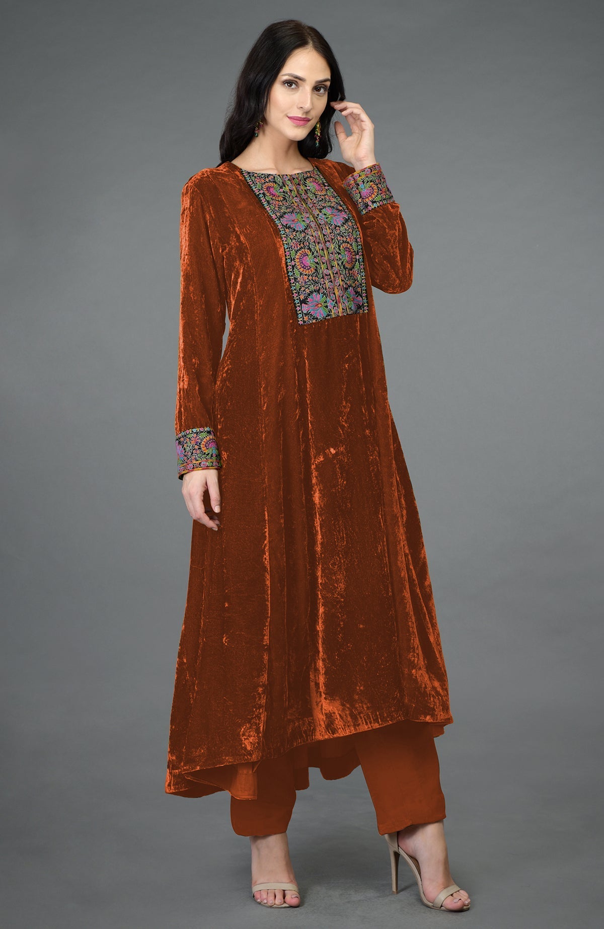 Hawaiian sunset silk velvet kurta with asymmetrical hem and colorful Kashmiri embroidery
