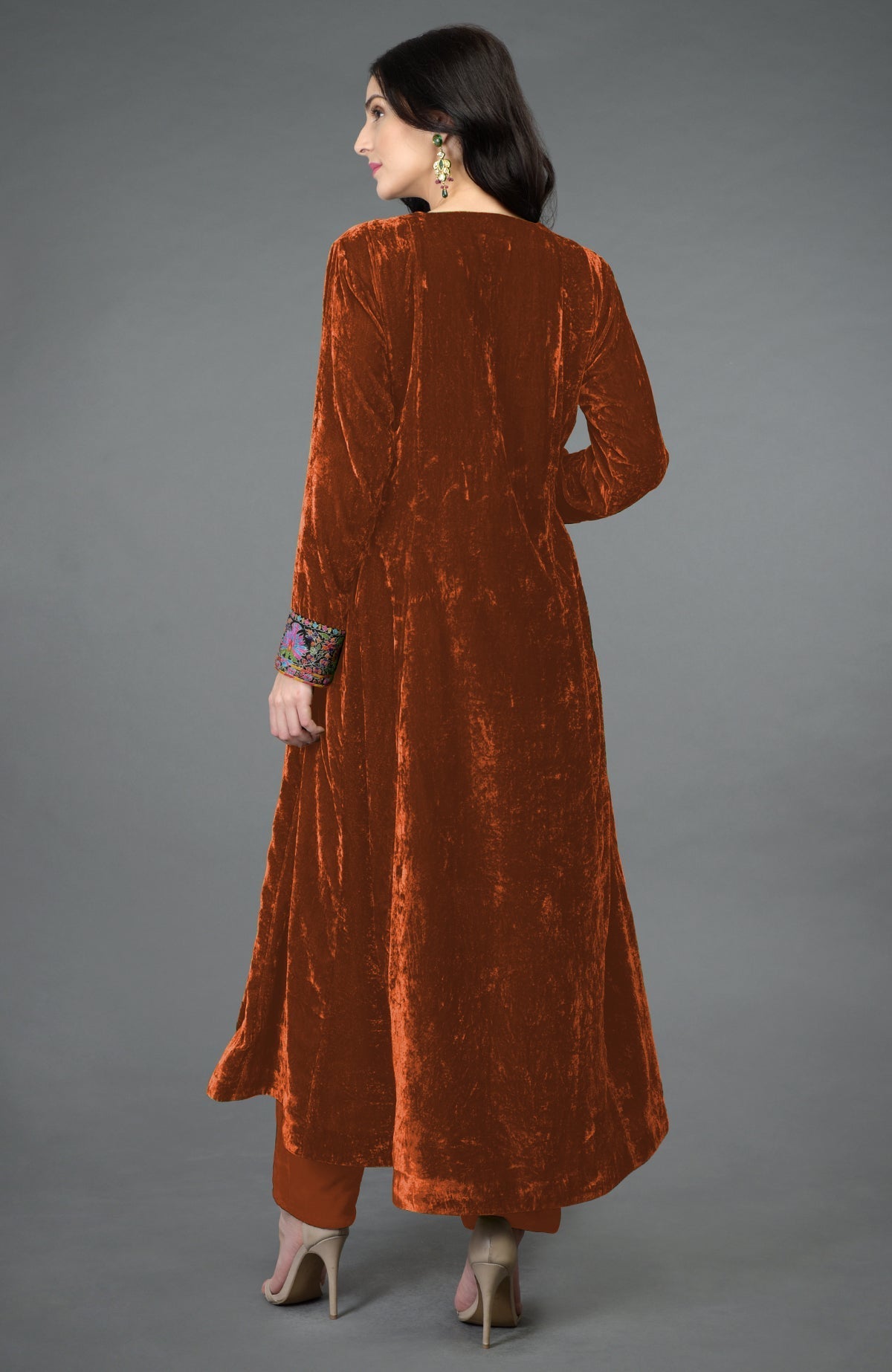 Hawaiian sunset silk velvet kurta with asymmetrical hem and colorful Kashmiri embroidery