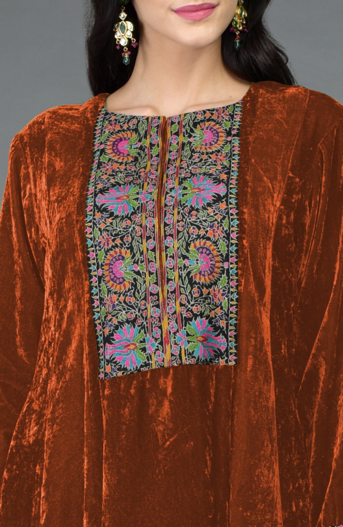Hawaiian sunset silk velvet kurta with asymmetrical hem and multicolor Kashmiri embroidery