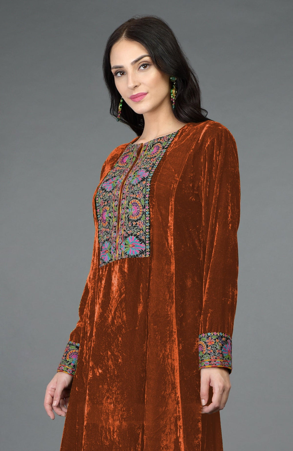 Hawaiian sunset silk velvet kurta with asymmetrical hem and colorful Kashmiri hand embroidery