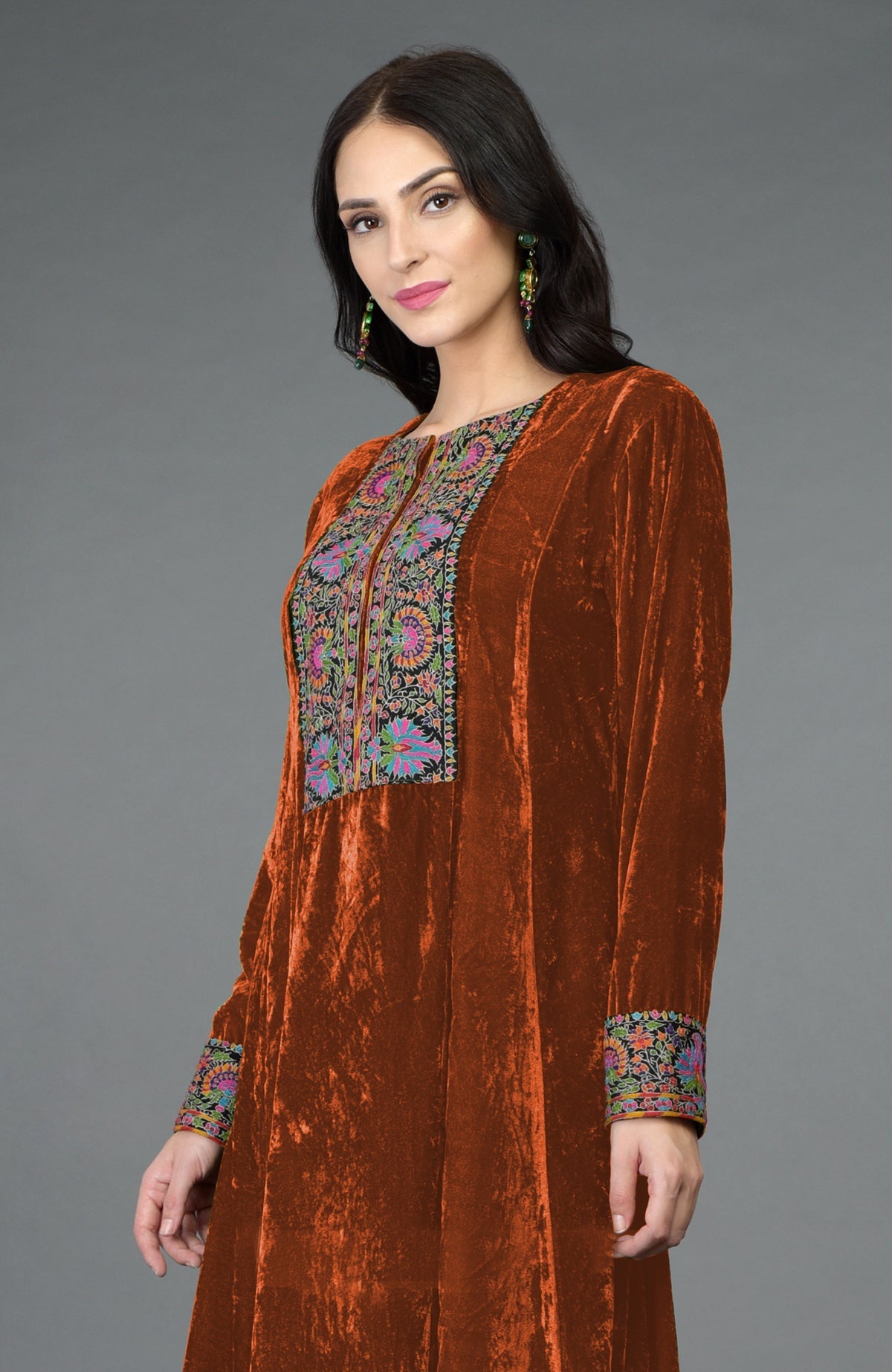 Hawaiian sunset silk velvet kurta with asymmetrical hem and colorful Kashmiri hand embroidery