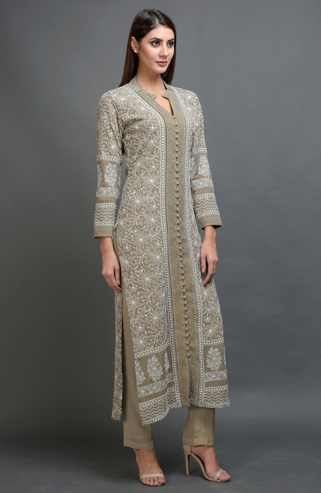 Beige Chikankari embroidered jacket with notch collar and matching beige lowers in straight or cigar fit.