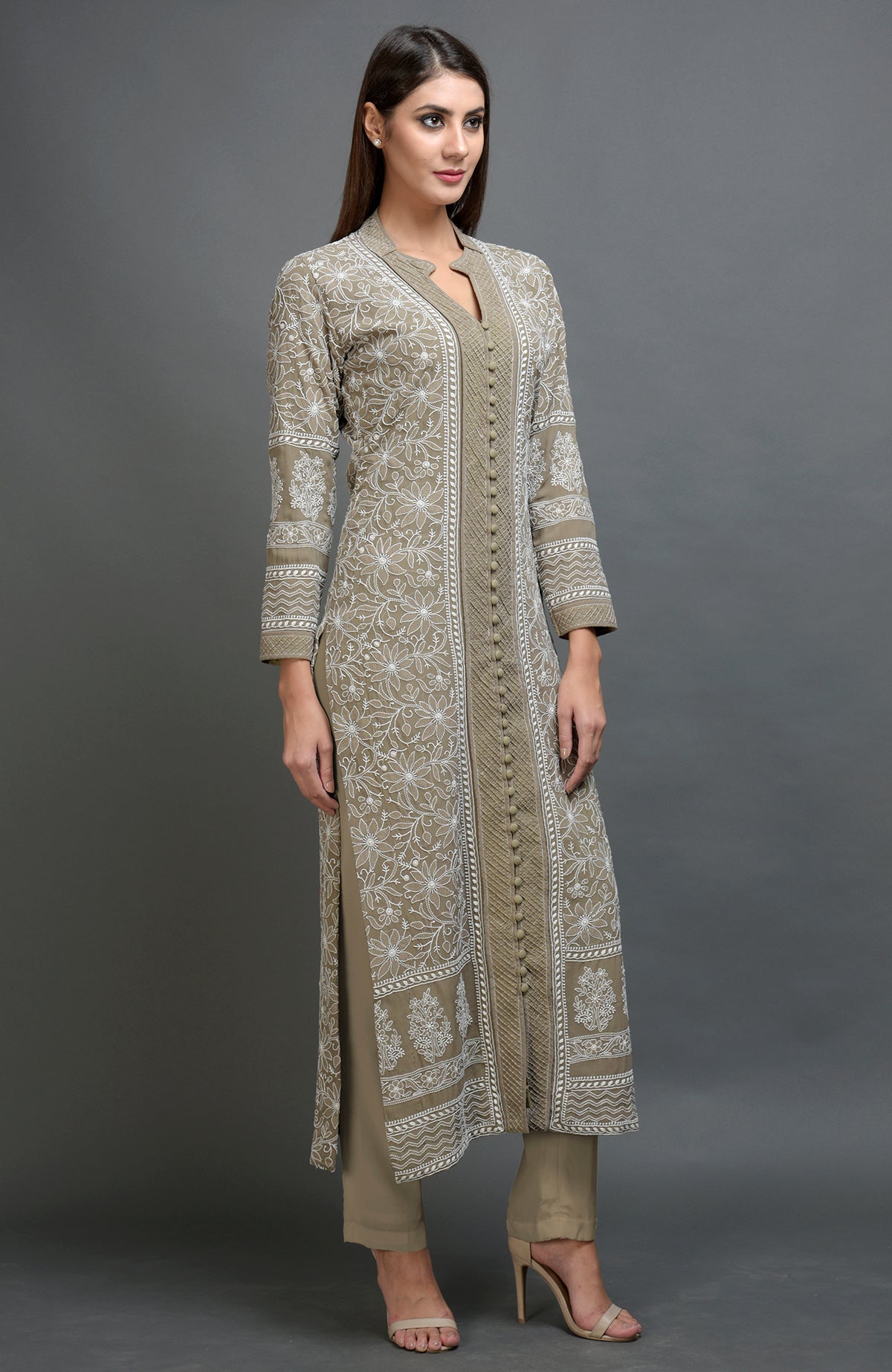 Beige Chikankari embroidered jacket with notch collar and matching beige lowers in straight or cigar fit.