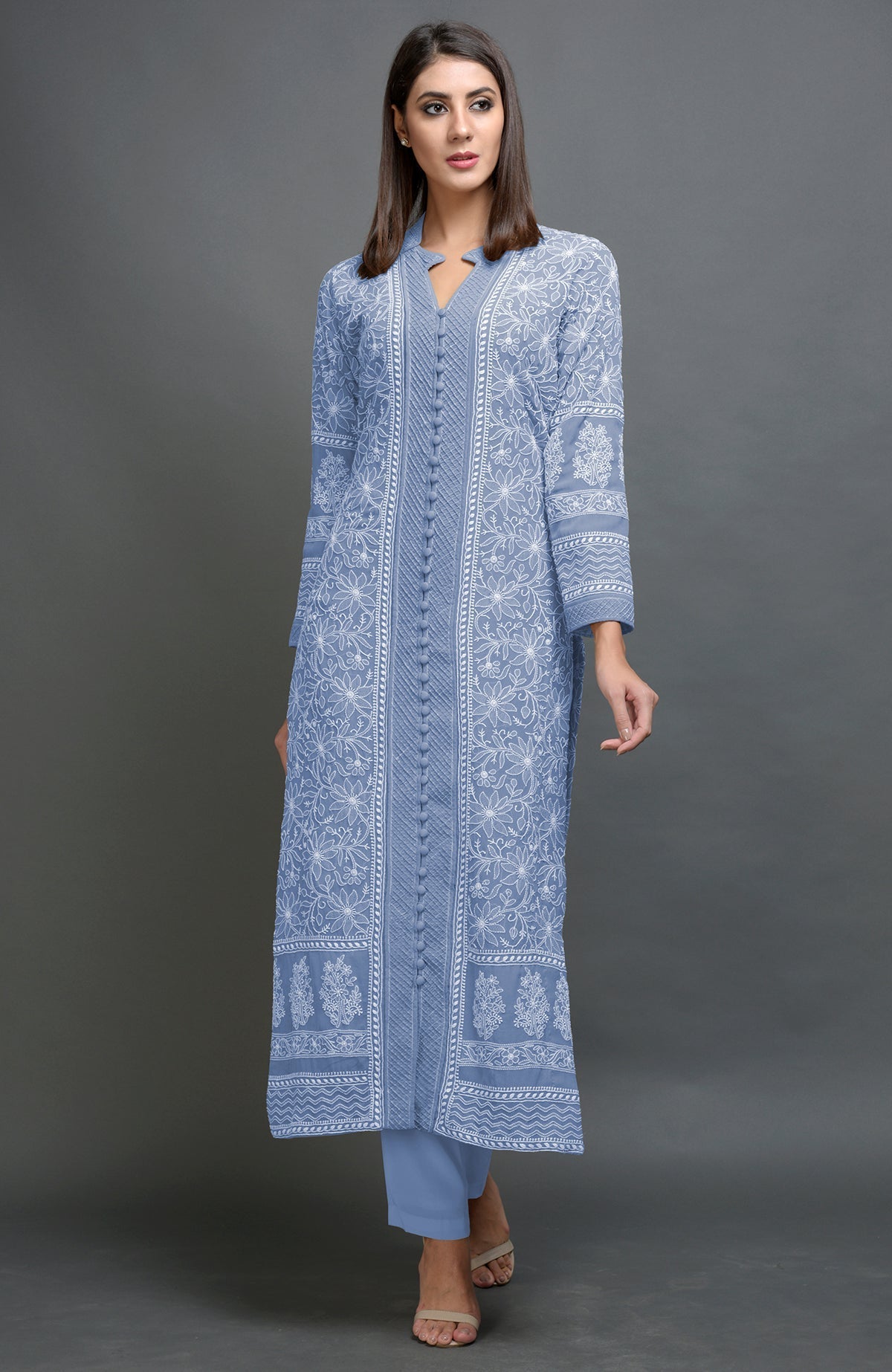 Kentucky Blue jacket set with intricate chikankari embroidery and notch collar in soft cotton.