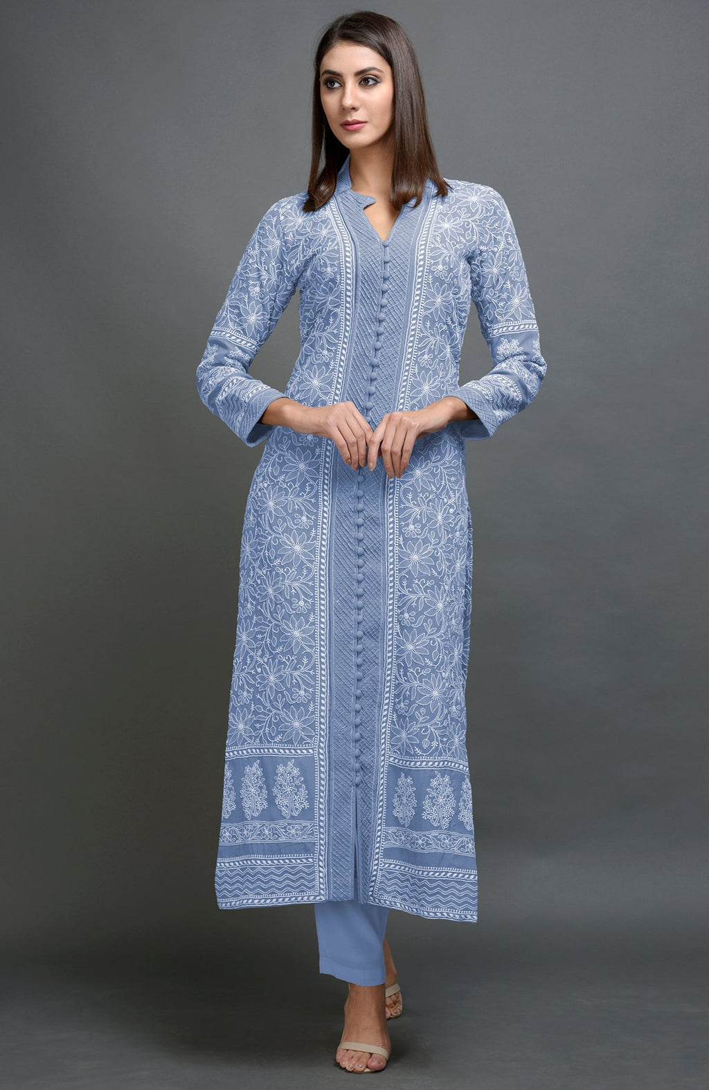 Kentucky Blue Chikankari embroidered jacket with notch collar and matching lowers in blue color.
