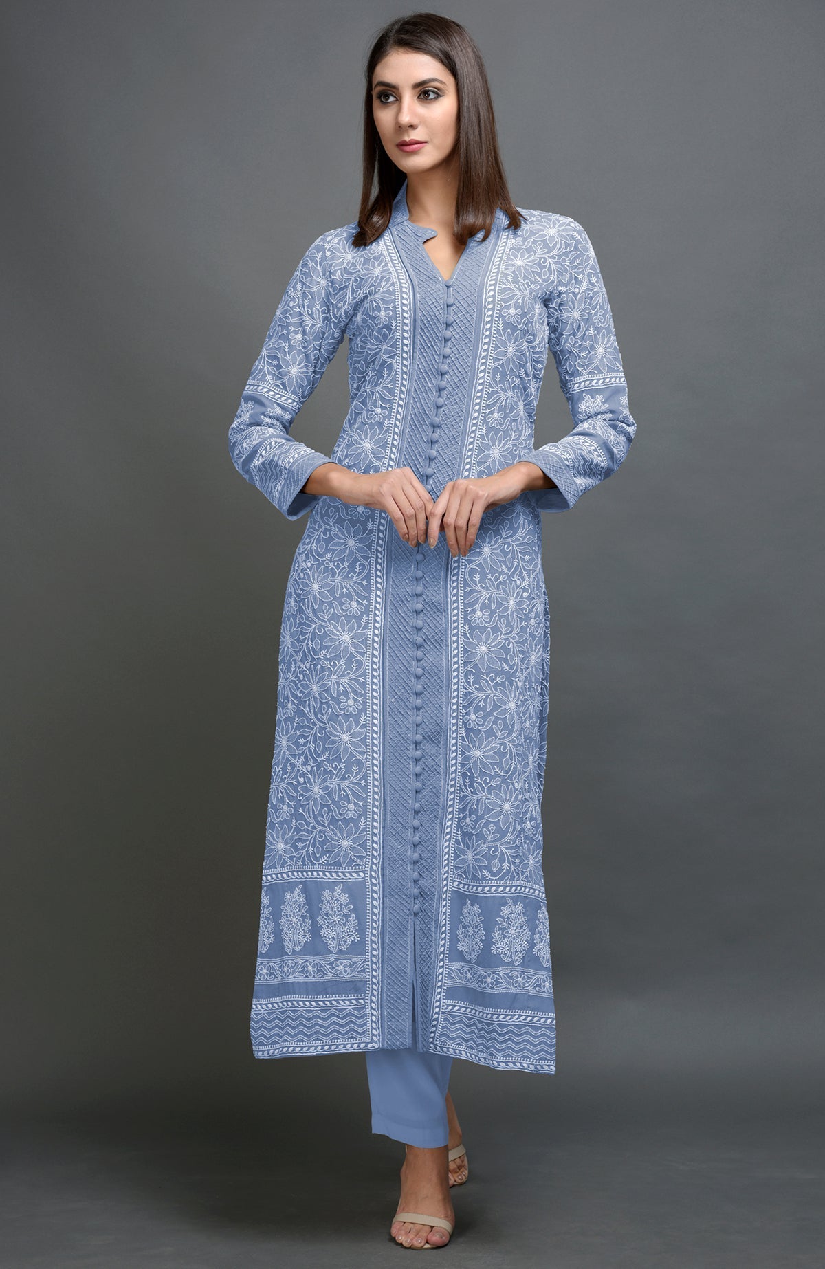 Kentucky Blue Chikankari embroidered jacket with notch collar and matching lowers in blue color.