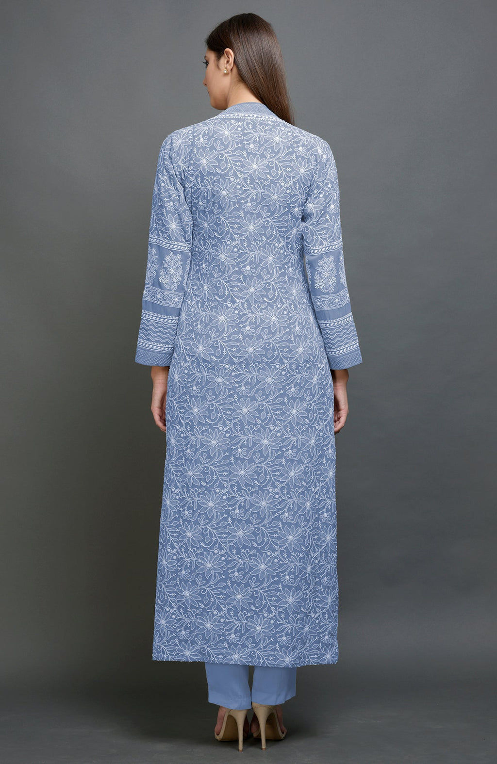 Kentucky Blue Chikankari embroidered jacket with notch collar and matching lowers in blue color.