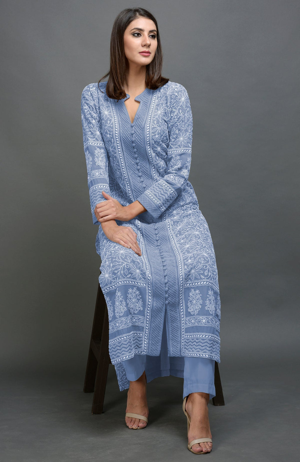 Kentucky Blue jacket with intricate chikankari embroidery and matching lowers in straight or cigar style