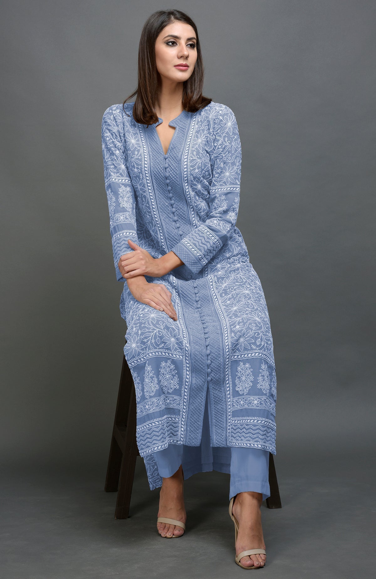 Kentucky Blue jacket with intricate chikankari embroidery and matching lowers in straight or cigar style