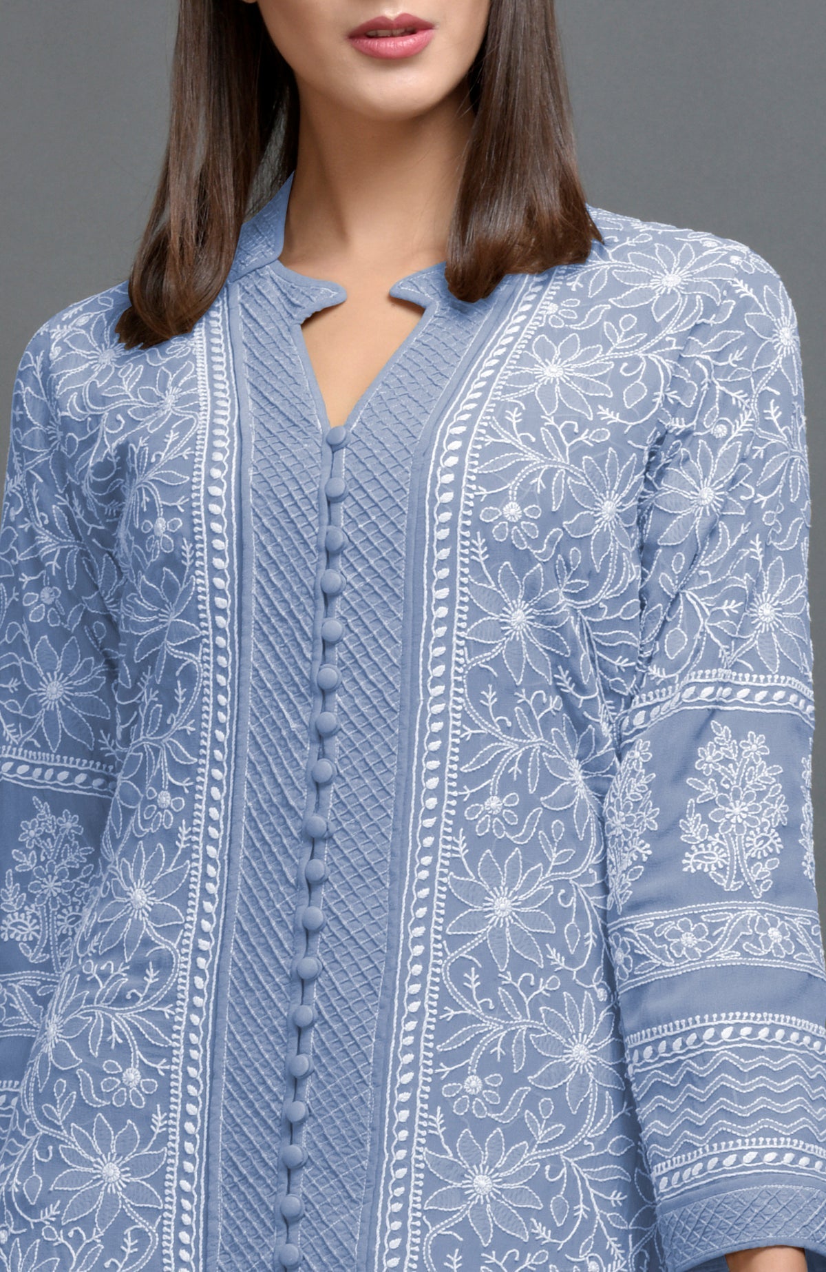 Kentucky Blue jacket set with intricate chikankari embroidery and notch collar, paired with matching pants