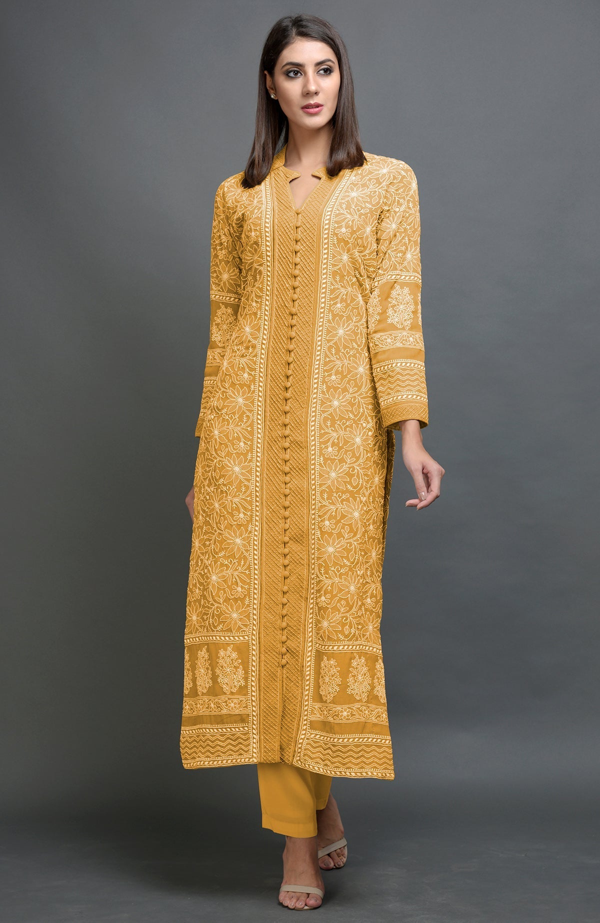 Peanut butter colored chikankari embroidered jacket with notch collar and matching lowers.