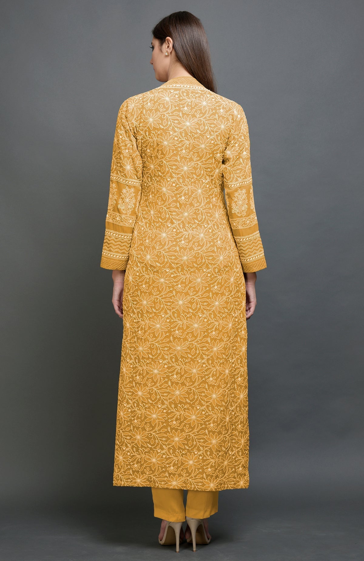 Peanut butter colored jacket set with intricate chikankari embroidery and matching lowers.