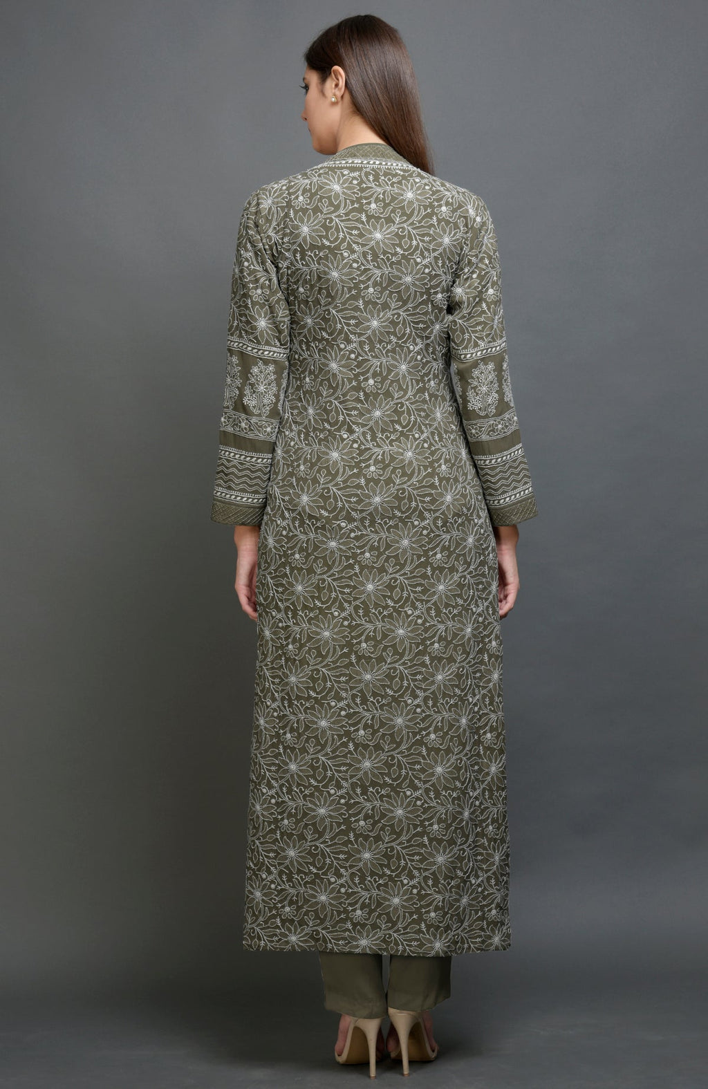 Olive green chikankari embroidered jacket with notch collar and matching olive pants set