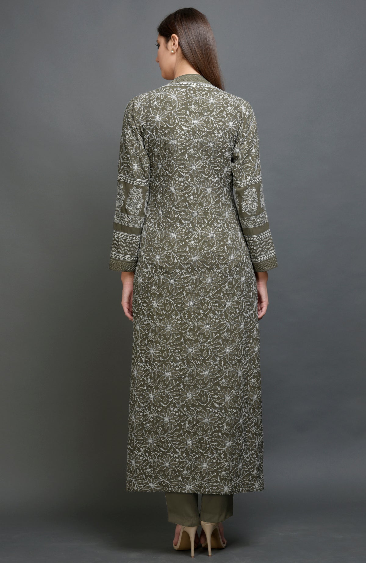 Olive green chikankari embroidered jacket with notch collar and matching olive pants set