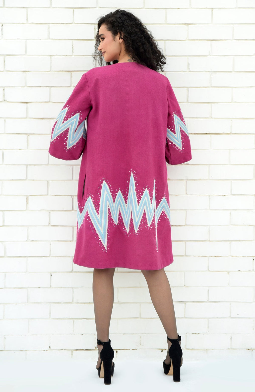 Fuchsia-purple wool crepe kimono jacket with embroidered chevron motifs and Swarovski crystals.