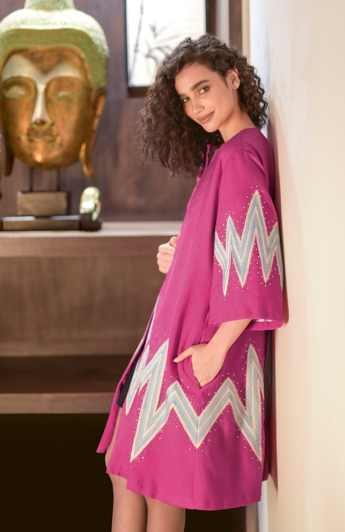 Fuchsia-purple wool crepe kimono jacket with embroidered chevron motifs and Swarovski crystals.