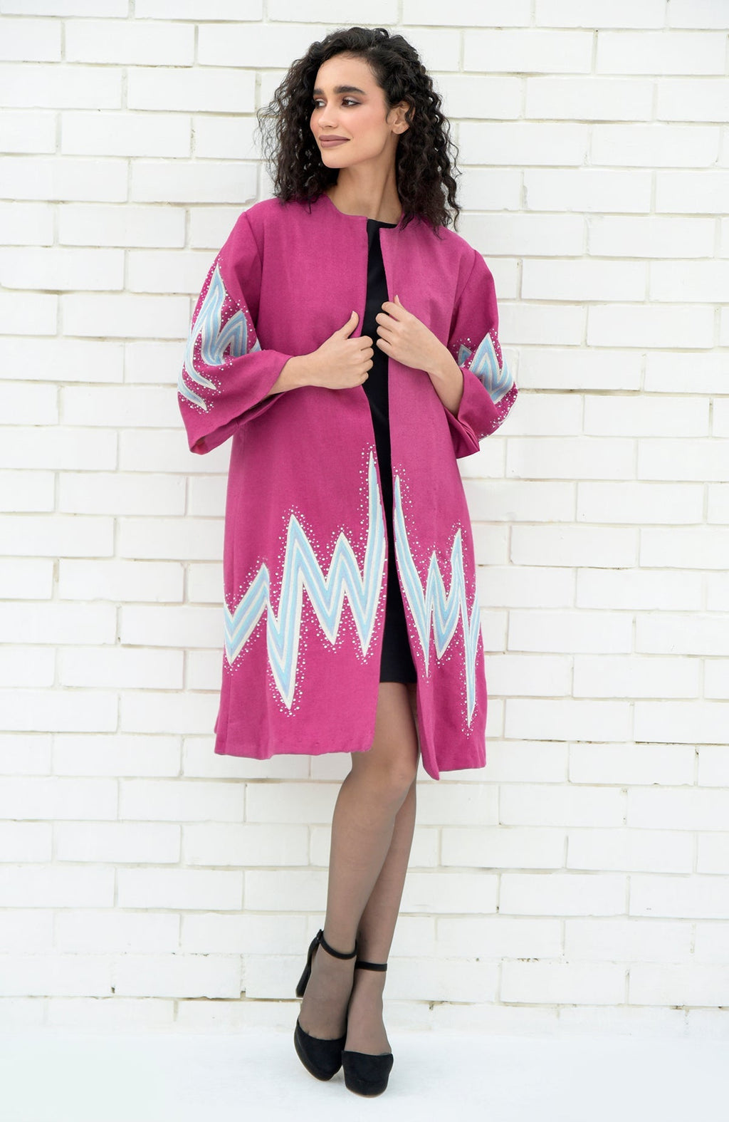 Fuchsia-purple wool kimono jacket with embroidered chevron motifs and Swarovski crystal accents.