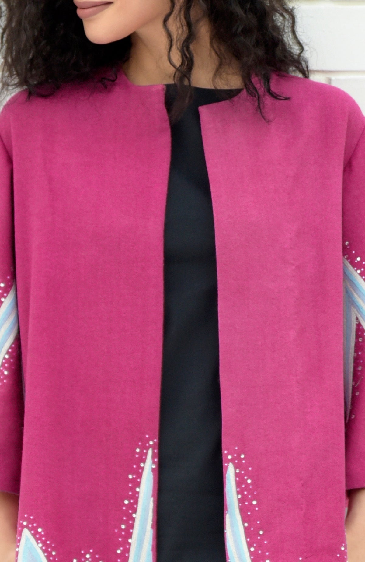 Fuchsia-purple wool kimono jacket with embroidered chevron motifs and Swarovski crystal accents
