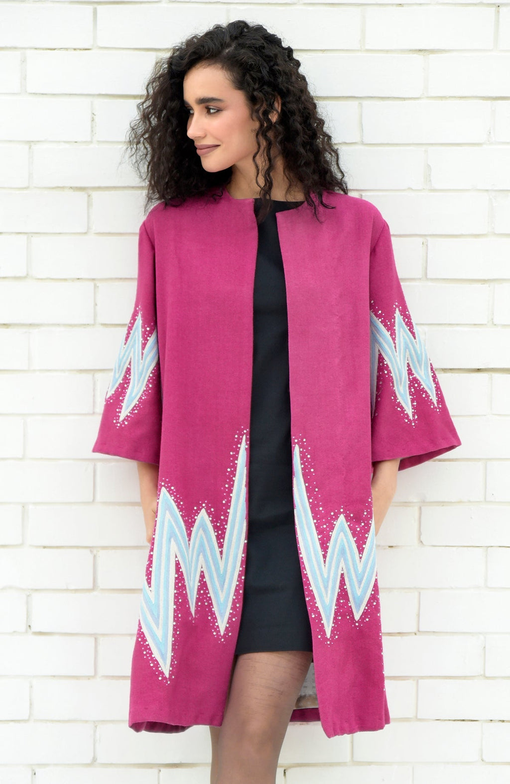 Fuchsia-purple wool kimono jacket with embroidered chevron motifs and Swarovski crystal accents