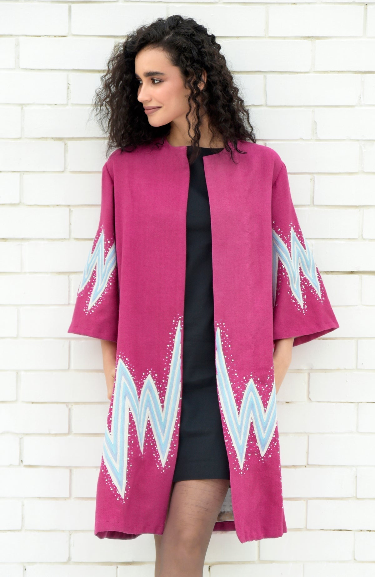 Fuchsia-purple wool kimono jacket with embroidered chevron motifs and Swarovski crystal accents