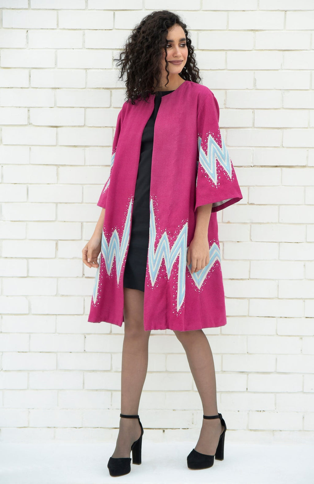 Fuchsia-purple wool kimono jacket with embroidered chevron motifs and Swarovski crystal accents