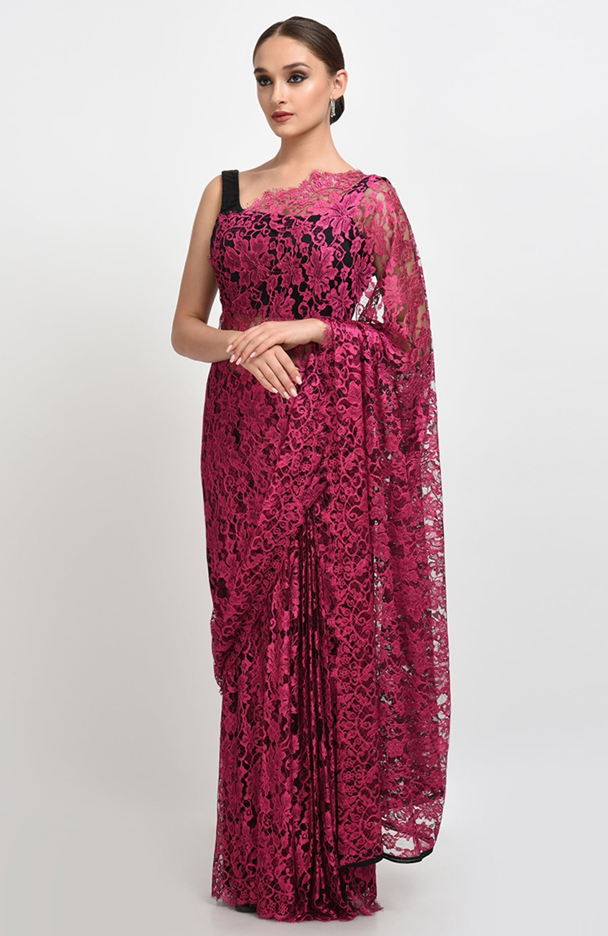 Raspberry saree with delicate French Chantilly lace and matching satin blouse fabric.
