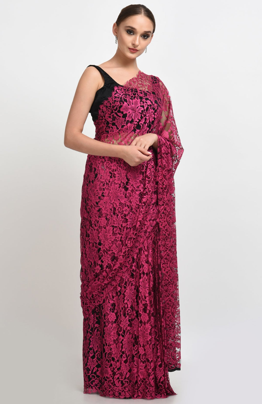 Raspberry saree with delicate French Chantilly lace and matching satin blouse fabric.