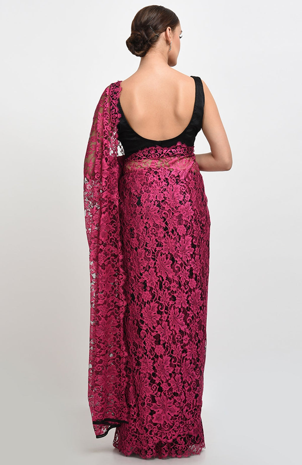 Raspberry saree with delicate French Chantilly lace and matching satin blouse fabric