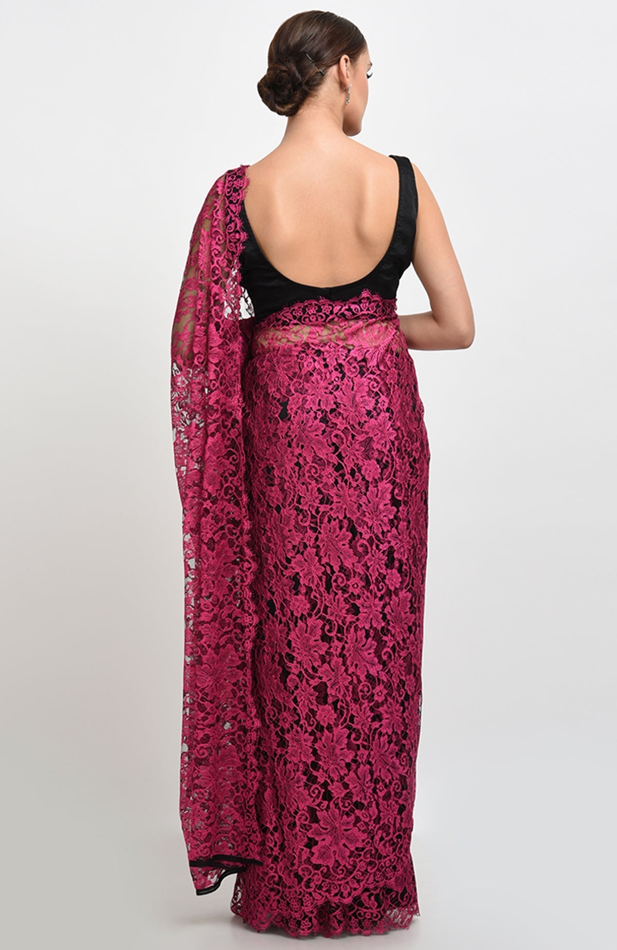 Raspberry saree with delicate French Chantilly lace and matching satin blouse fabric