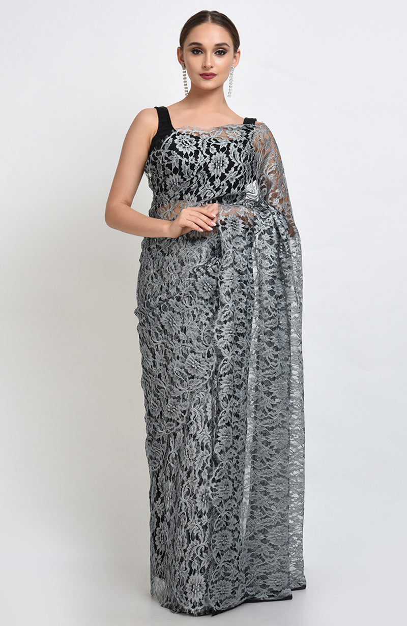 Silver grey saree with intricate French Chantilly lace and matching plain satin blouse fabric
