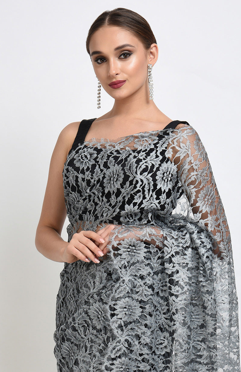 Silver grey saree with intricate French Chantilly lace and matching plain satin blouse fabric