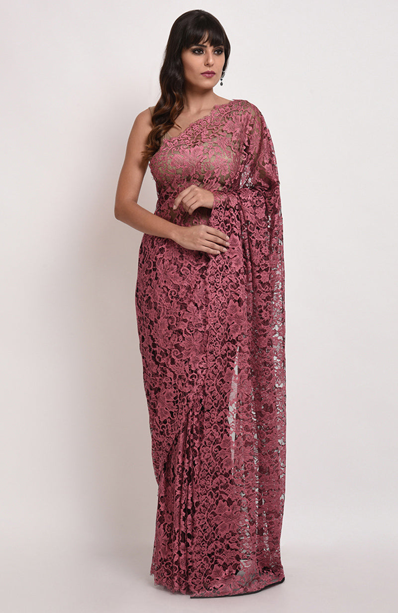 Desert Rose saree in French Chantilly lace with beige gold satin blouse fabric visible
