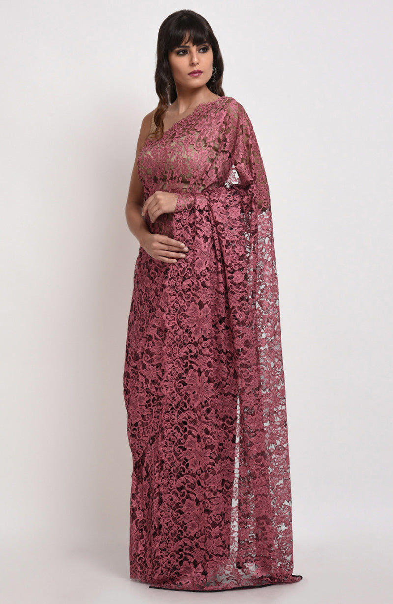Desert Rose saree with French Chantilly lace and beige gold satin blouse fabric visible