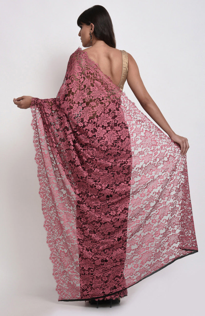 Desert Rose saree in French Chantilly lace with beige gold satin blouse fabric visible