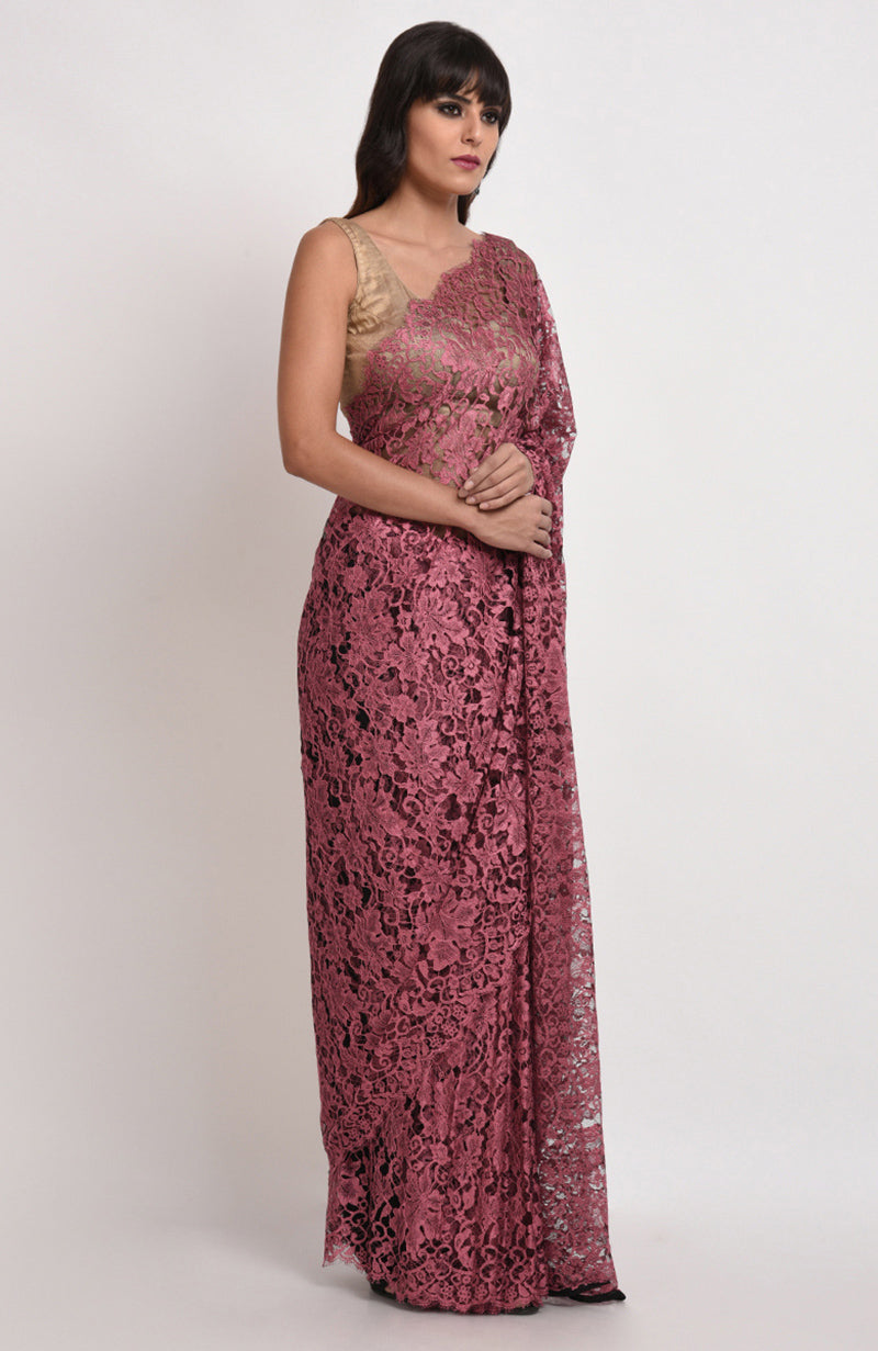 Desert Rose saree set with French Chantilly lace and beige gold satin blouse fabric