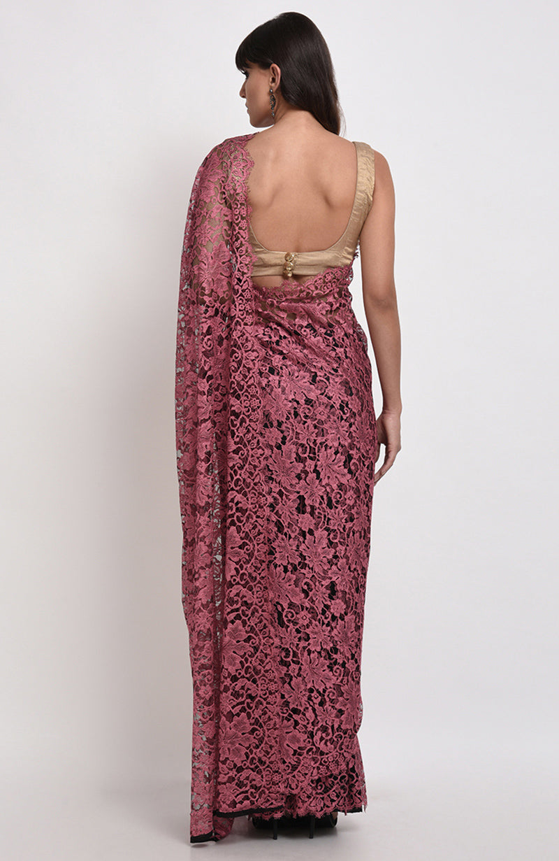 Desert Rose saree with French Chantilly lace and beige gold satin blouse fabric visible