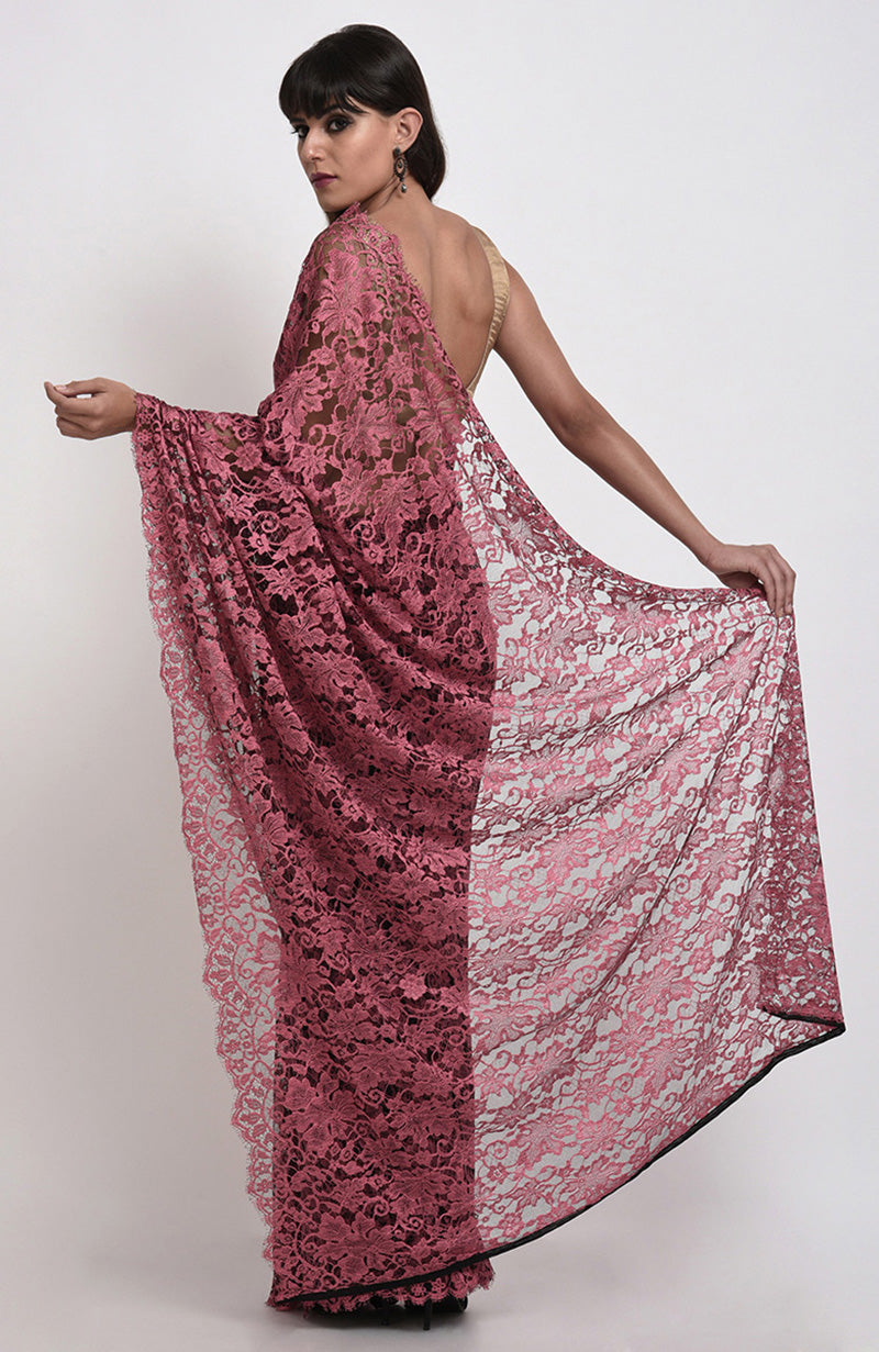 Desert Rose saree with delicate French Chantilly lace and beige gold satin blouse fabric.