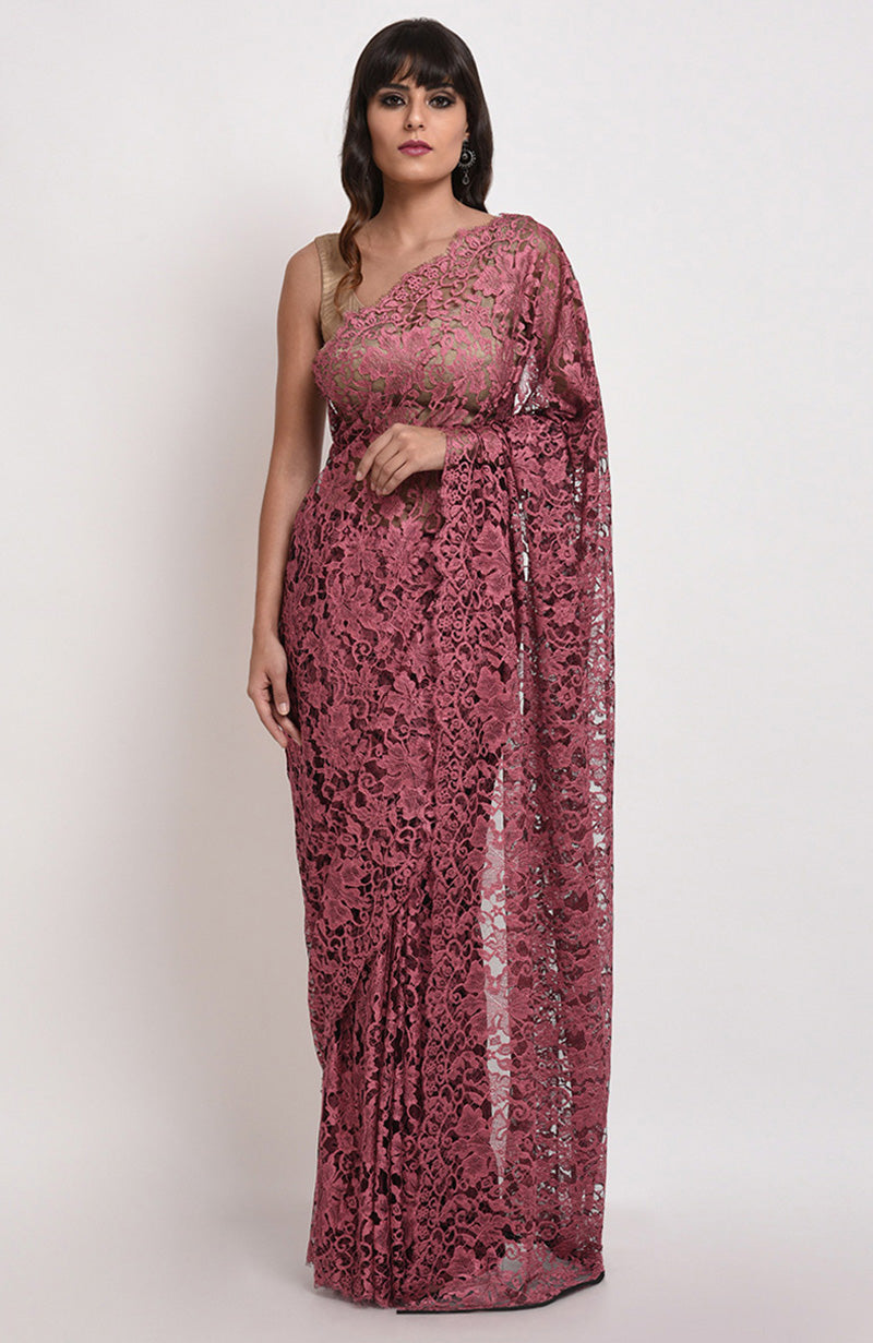 Desert Rose saree with French Chantilly Lace and beige gold satin blouse fabric visible