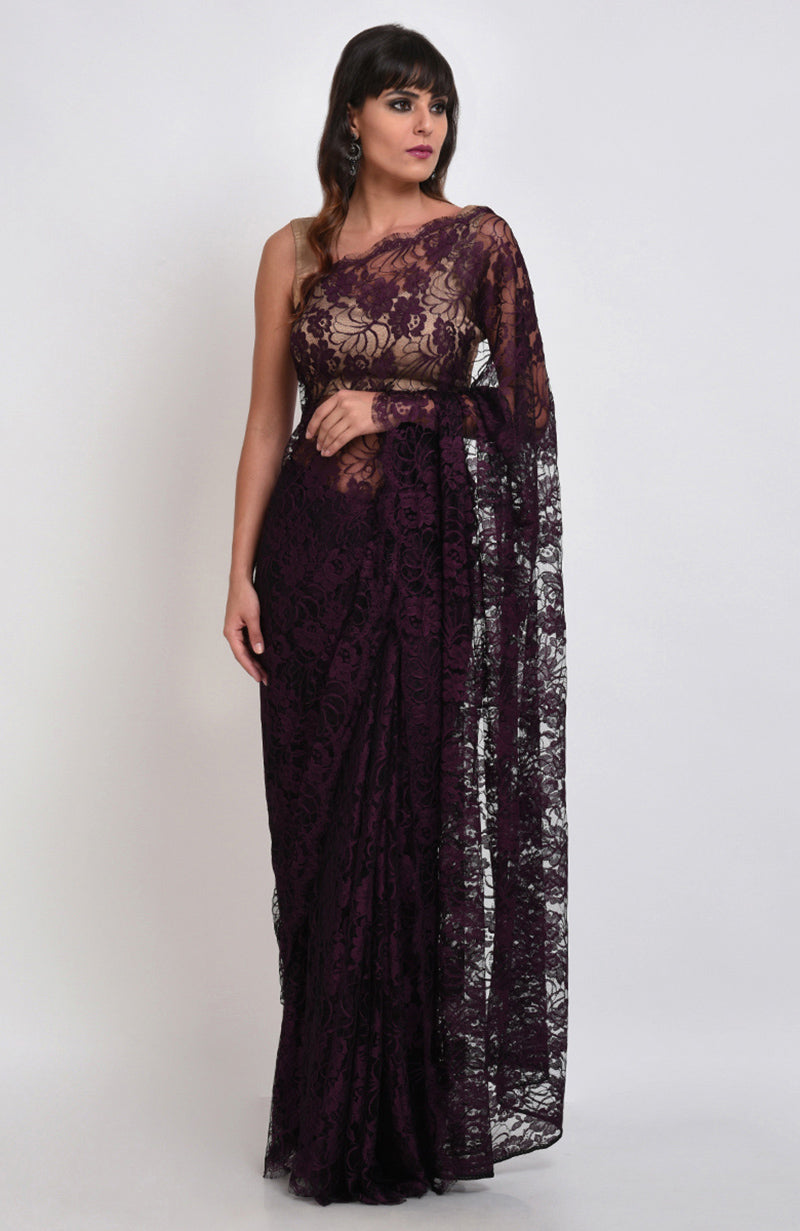 Plum saree made of French Chantilly Lace with matching satin blouse fabric in plum or gold