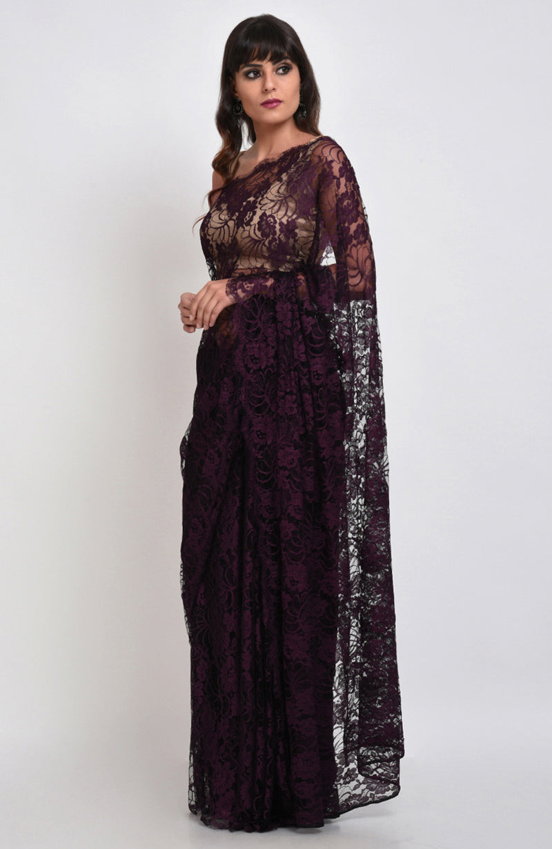 Plum saree made of French Chantilly Lace with matching satin blouse fabric in plum or gold.