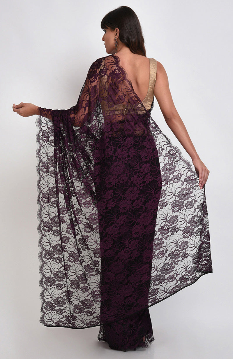 Plum saree made of French Chantilly lace with matching satin blouse fabric in plum or gold.